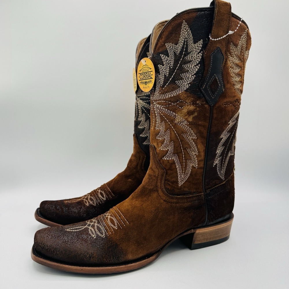 Corral Embroidered Burnish Boots Men's Size 8.5 D Chocolate Brown Leather